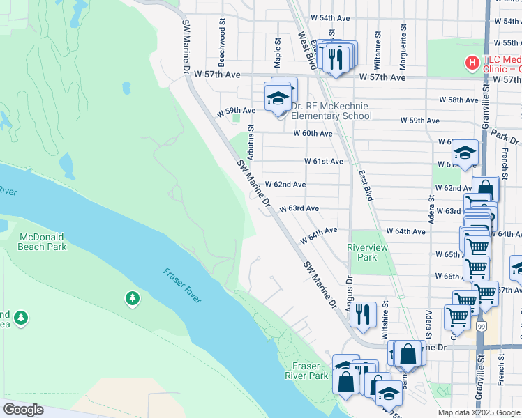 map of restaurants, bars, coffee shops, grocery stores, and more near 2060 Southwest Marine Drive in Vancouver