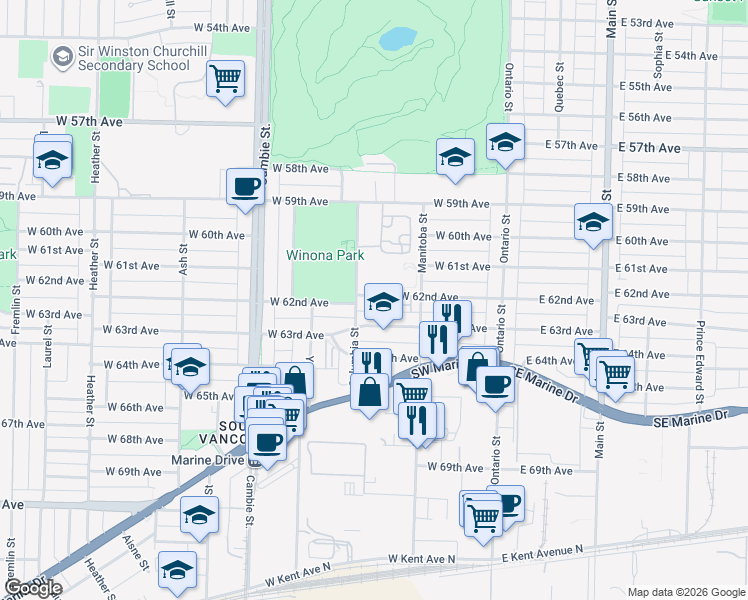 map of restaurants, bars, coffee shops, grocery stores, and more near 276 West 62nd Avenue in Vancouver