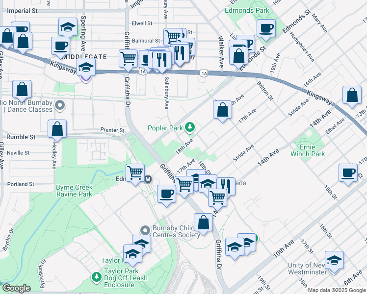 map of restaurants, bars, coffee shops, grocery stores, and more near 7088 18 Ave in Burnaby