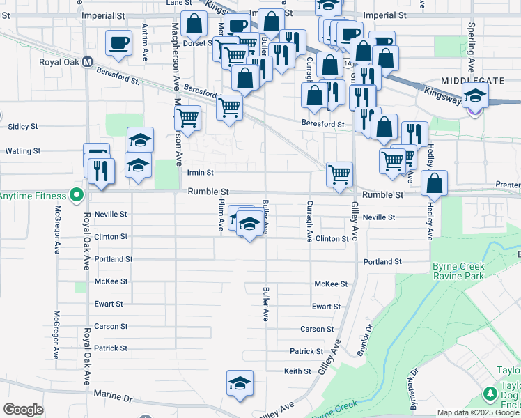 map of restaurants, bars, coffee shops, grocery stores, and more near 5889 Neville Street in Burnaby
