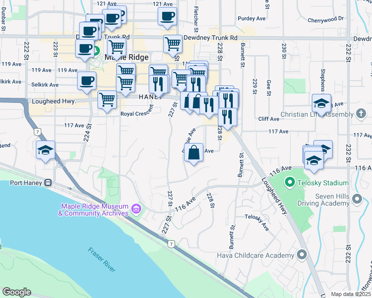 map of restaurants, bars, coffee shops, grocery stores, and more near 22711 Gilley Avenue in Maple Ridge