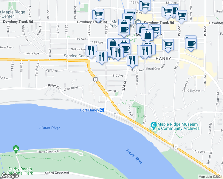 map of restaurants, bars, coffee shops, grocery stores, and more near 22328 Saint Anne Avenue in Maple Ridge