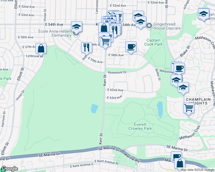 map of restaurants, bars, coffee shops, grocery stores, and more near 7766 Kerr Street in Vancouver