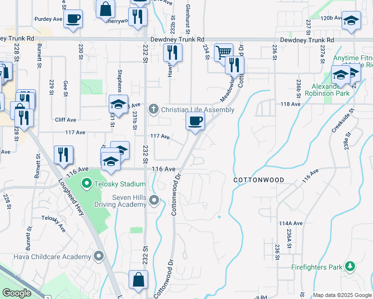 map of restaurants, bars, coffee shops, grocery stores, and more near 11690 Glenhurst Street in Maple Ridge