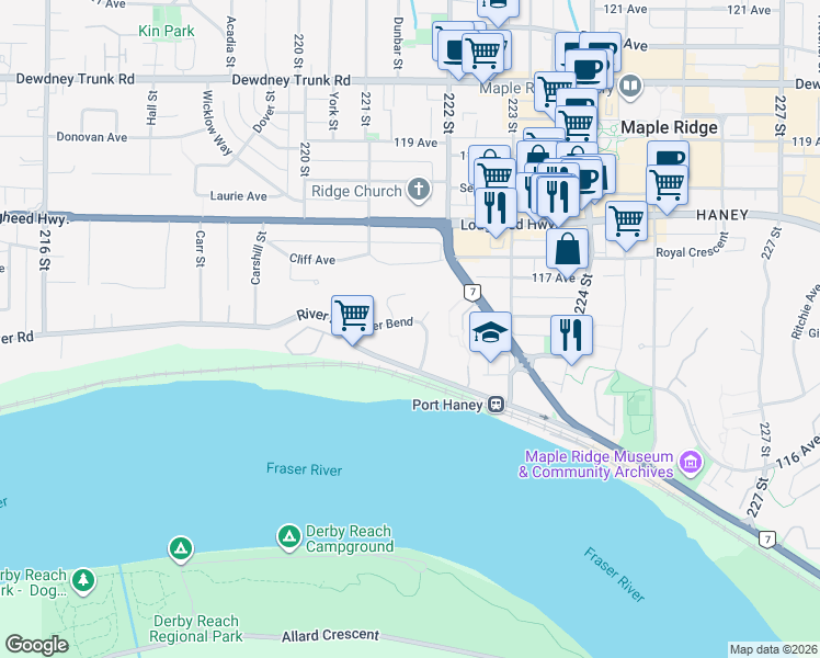 map of restaurants, bars, coffee shops, grocery stores, and more near in Maple Ridge