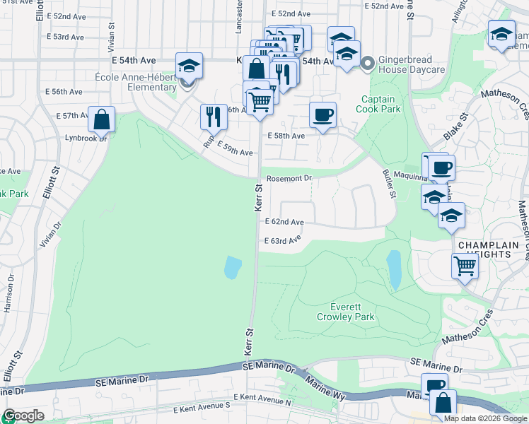 map of restaurants, bars, coffee shops, grocery stores, and more near 7766 Kerr Street in Vancouver