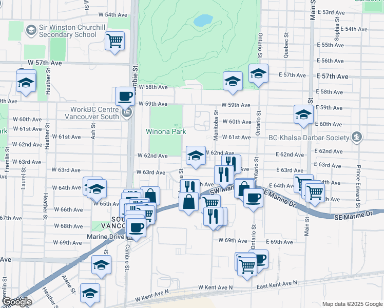 map of restaurants, bars, coffee shops, grocery stores, and more near 274 West 62nd Avenue in Vancouver