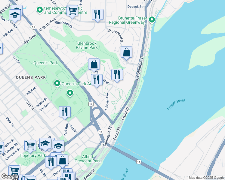 map of restaurants, bars, coffee shops, grocery stores, and more near 28 East Royal Avenue in New Westminster