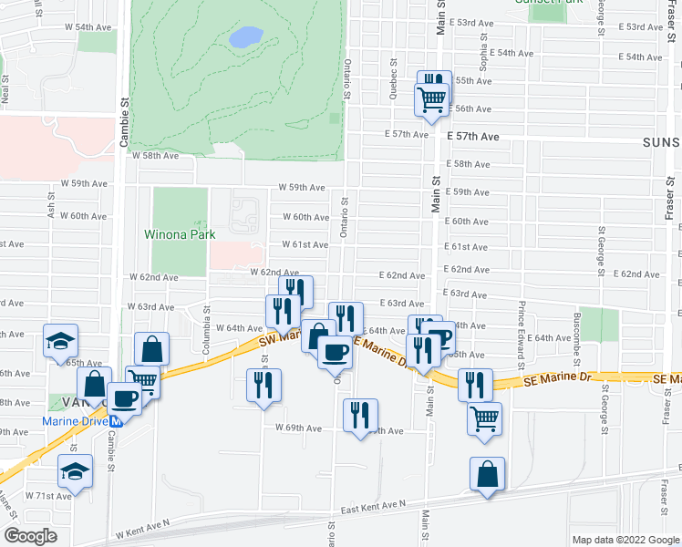 map of restaurants, bars, coffee shops, grocery stores, and more near Ontario St & E 62nd Ave in Vancouver