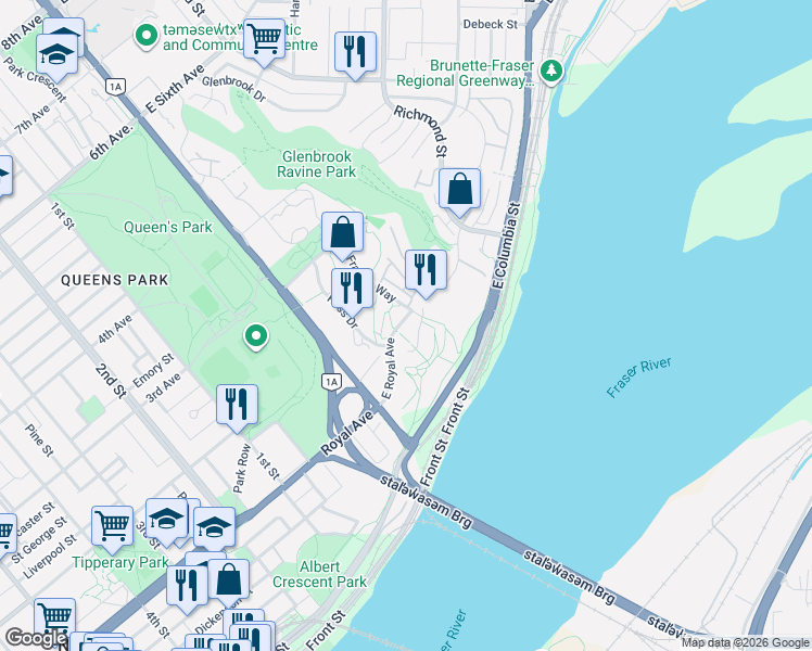 map of restaurants, bars, coffee shops, grocery stores, and more near 20 East Royal Avenue in New Westminster
