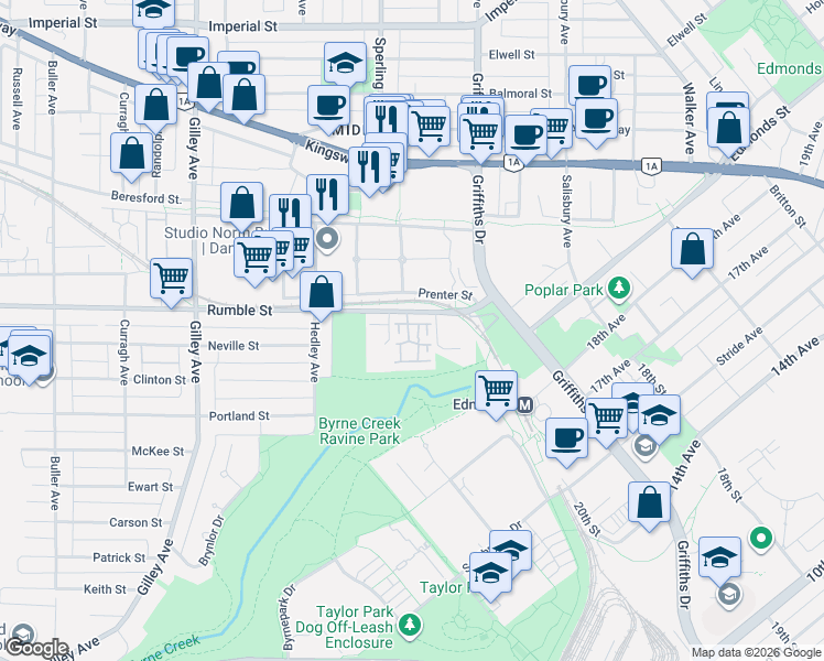 map of restaurants, bars, coffee shops, grocery stores, and more near 6700 Rumble Street in Burnaby