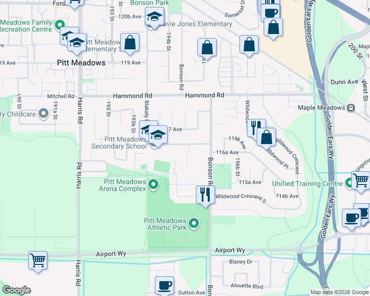 map of restaurants, bars, coffee shops, grocery stores, and more near 11645 195A Street in Pitt Meadows