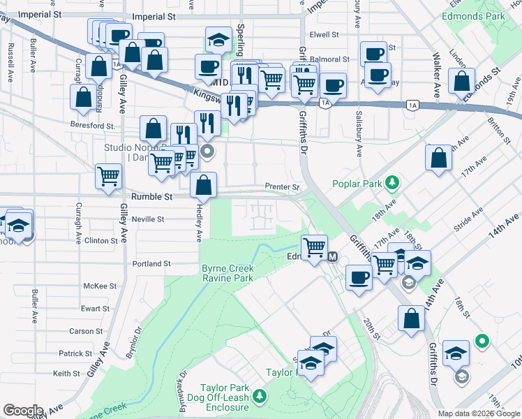 map of restaurants, bars, coffee shops, grocery stores, and more near 6700 Rumble Street in Burnaby