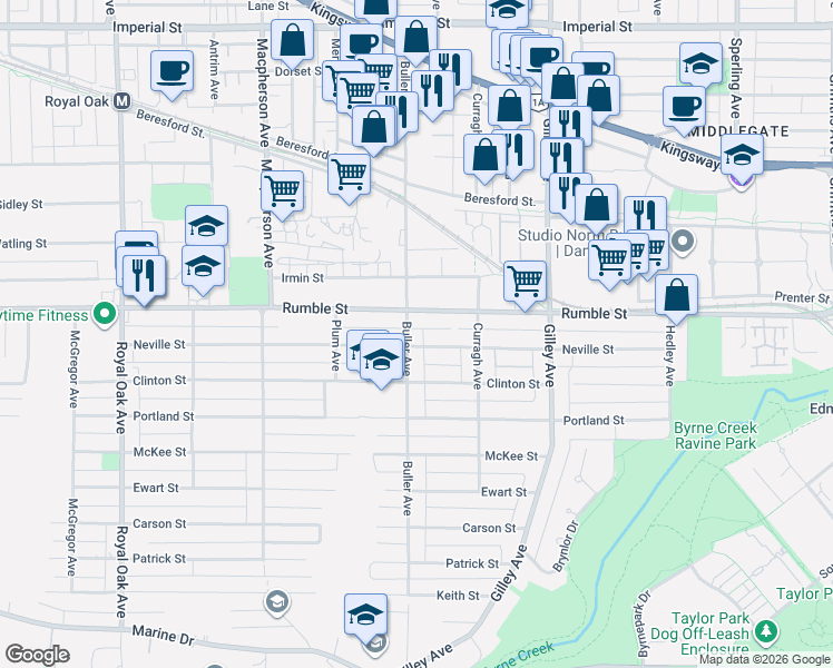 map of restaurants, bars, coffee shops, grocery stores, and more near 7694 Buller Avenue in Burnaby