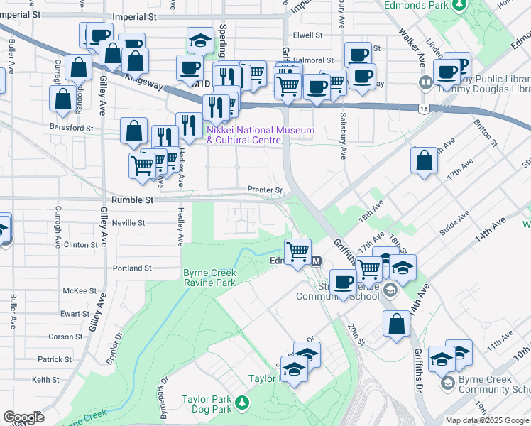 map of restaurants, bars, coffee shops, grocery stores, and more near 6820 Rumble Street in Burnaby