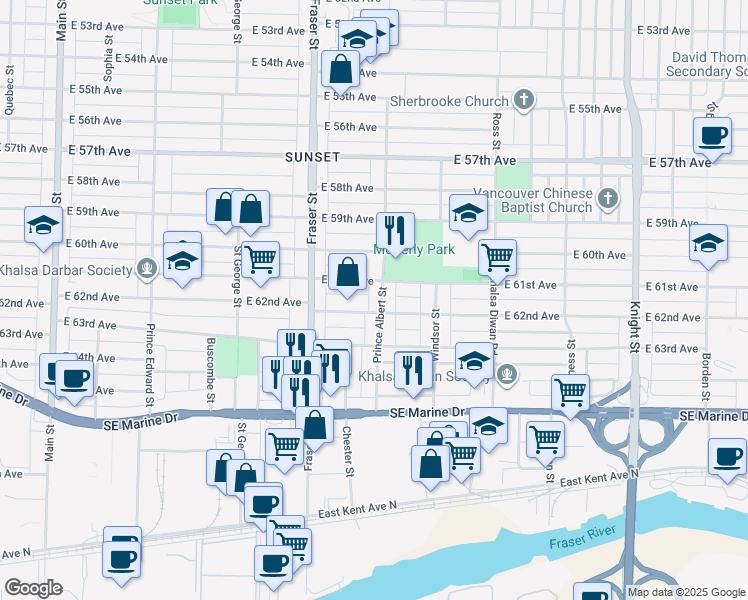 map of restaurants, bars, coffee shops, grocery stores, and more near 7767 Prince Albert Street in Vancouver