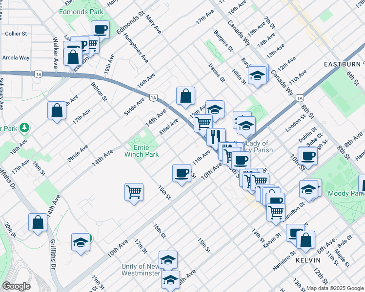map of restaurants, bars, coffee shops, grocery stores, and more near 7353 12th Avenue in Burnaby