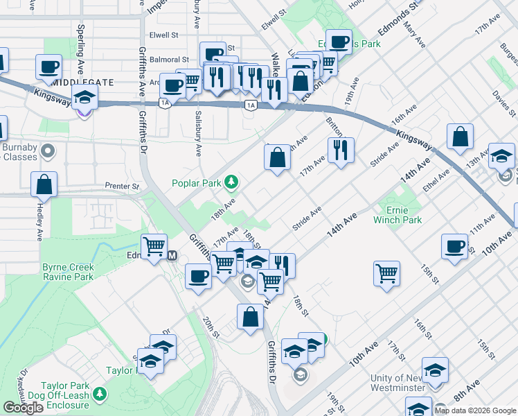 map of restaurants, bars, coffee shops, grocery stores, and more near in Burnaby