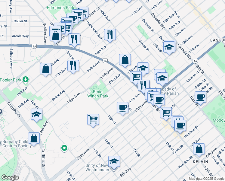 map of restaurants, bars, coffee shops, grocery stores, and more near 7326 13th Avenue in Burnaby