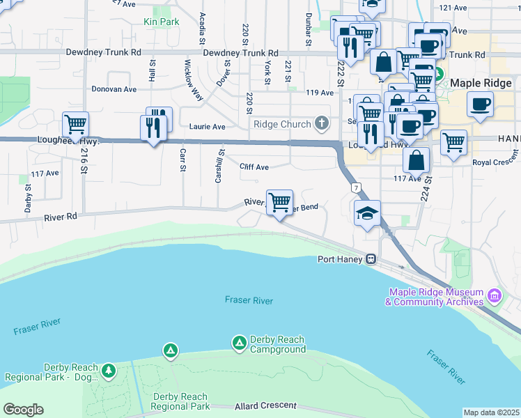 map of restaurants, bars, coffee shops, grocery stores, and more near 21960 River Road in Maple Ridge