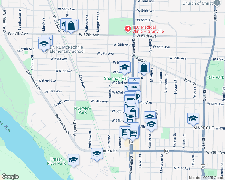 map of restaurants, bars, coffee shops, grocery stores, and more near 1597 West 63rd Avenue in Vancouver