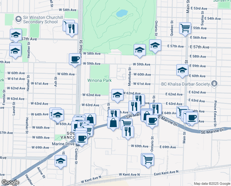 map of restaurants, bars, coffee shops, grocery stores, and more near 270 West 62nd Avenue in Vancouver