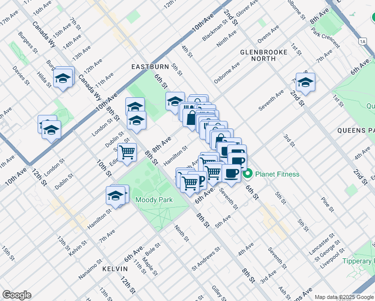 map of restaurants, bars, coffee shops, grocery stores, and more near 700 Hamilton Street in New Westminster