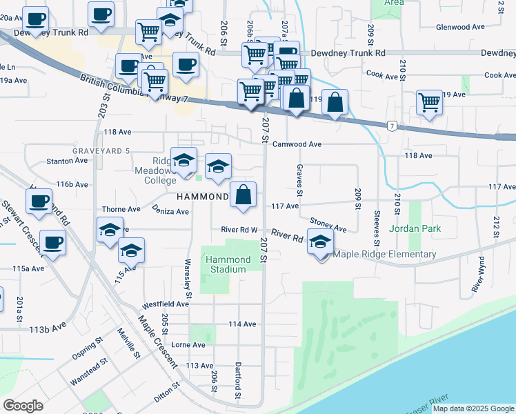 map of restaurants, bars, coffee shops, grocery stores, and more near 11661 207 Street in Maple Ridge