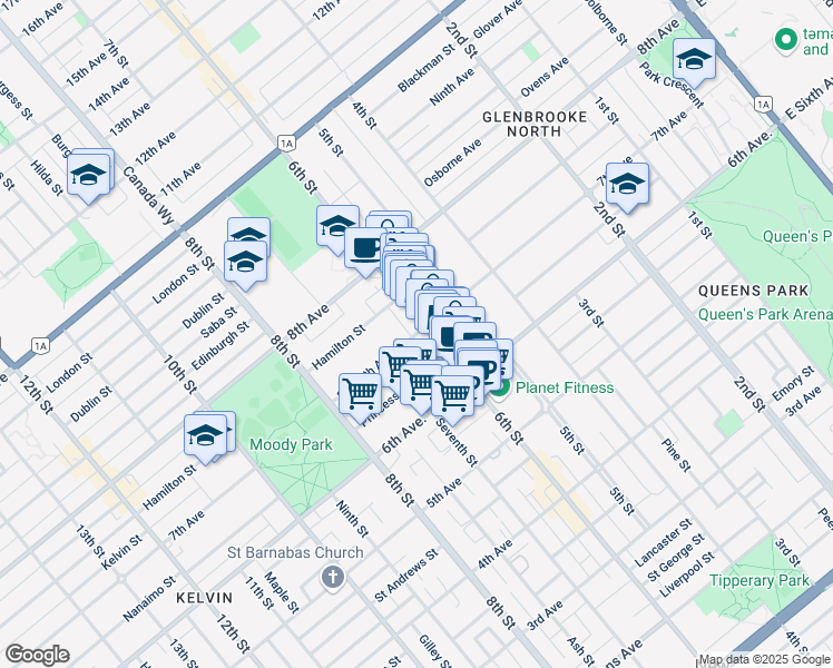 map of restaurants, bars, coffee shops, grocery stores, and more near 605 Seventh Avenue in New Westminster