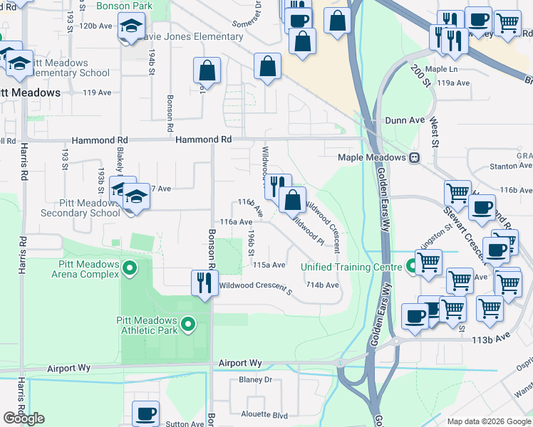 map of restaurants, bars, coffee shops, grocery stores, and more near 19719 116B Avenue in Pitt Meadows