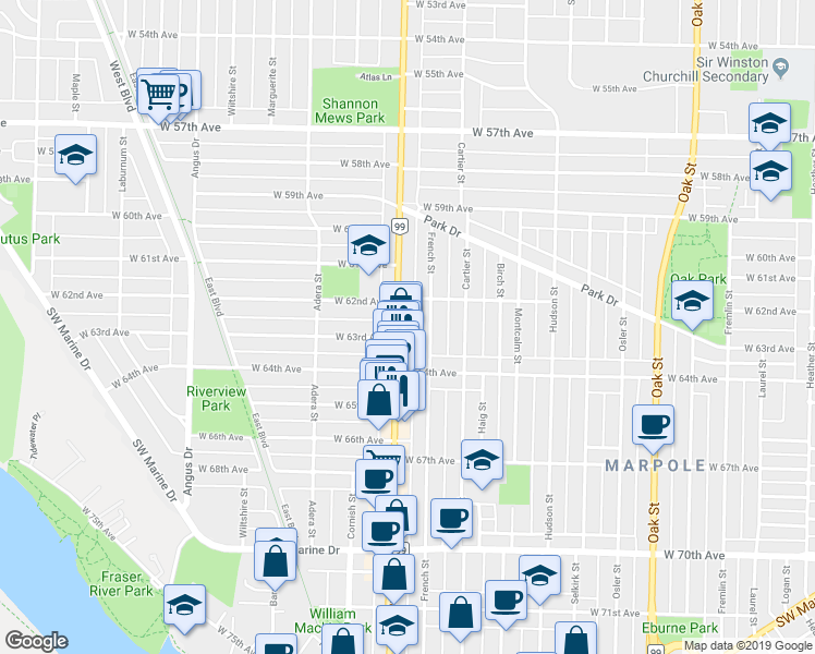 map of restaurants, bars, coffee shops, grocery stores, and more near in Vancouver