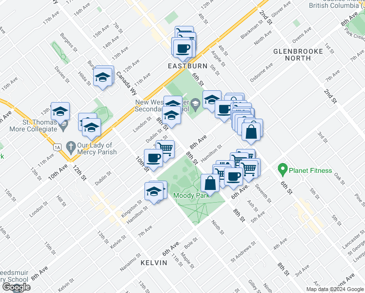map of restaurants, bars, coffee shops, grocery stores, and more near 801 Eighth Street in New Westminster