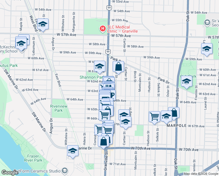 map of restaurants, bars, coffee shops, grocery stores, and more near 7878 Granville Street in Vancouver