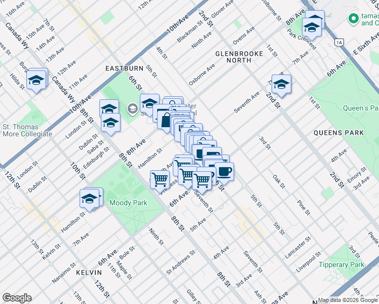 map of restaurants, bars, coffee shops, grocery stores, and more near 510 Seventh Avenue in New Westminster
