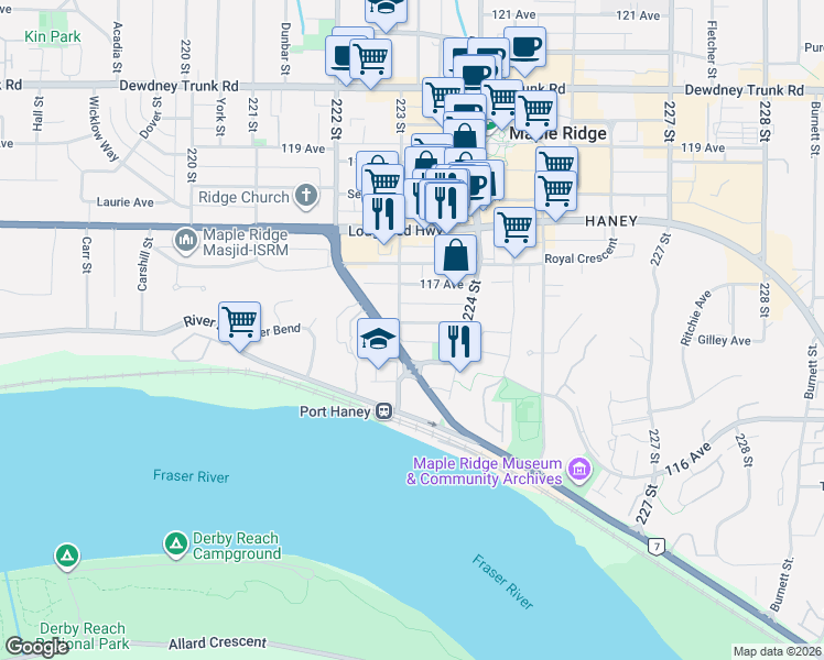 map of restaurants, bars, coffee shops, grocery stores, and more near 11664 223 Street in Maple Ridge