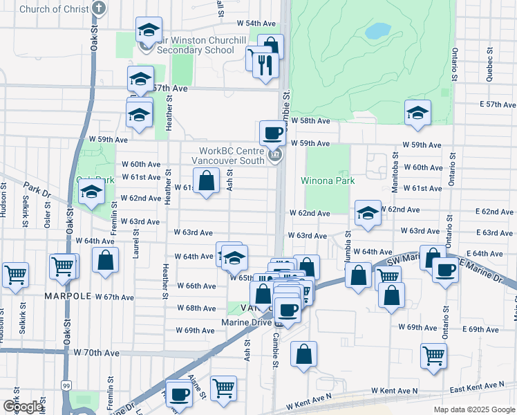 map of restaurants, bars, coffee shops, grocery stores, and more near 535 West 62nd Avenue in Vancouver