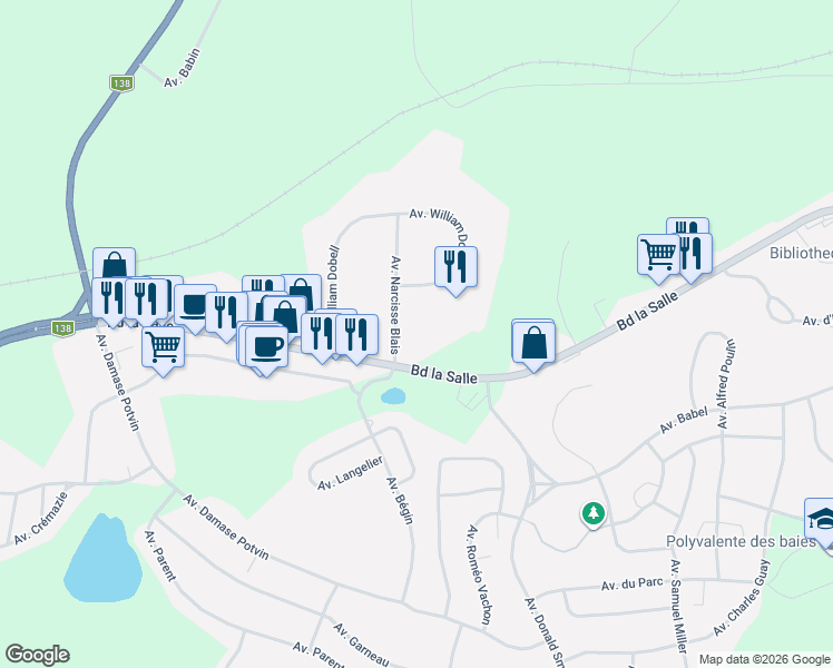 map of restaurants, bars, coffee shops, grocery stores, and more near 3 Avenue Narcisse Blais in Baie-Comeau