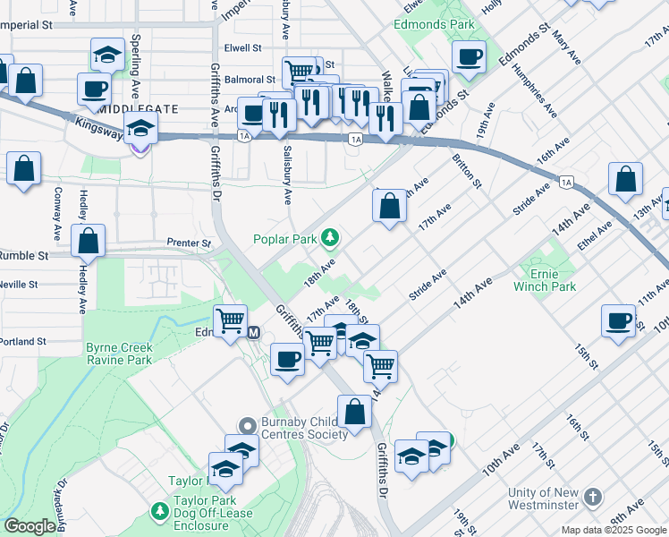 map of restaurants, bars, coffee shops, grocery stores, and more near 7128 18th Avenue in Burnaby