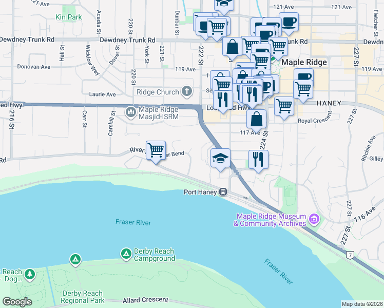 map of restaurants, bars, coffee shops, grocery stores, and more near 11737 Brookmere Court in Maple Ridge
