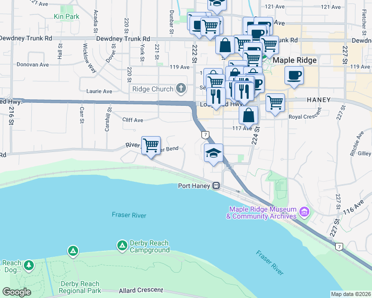 map of restaurants, bars, coffee shops, grocery stores, and more near 11763 Driftwood Drive in Maple Ridge