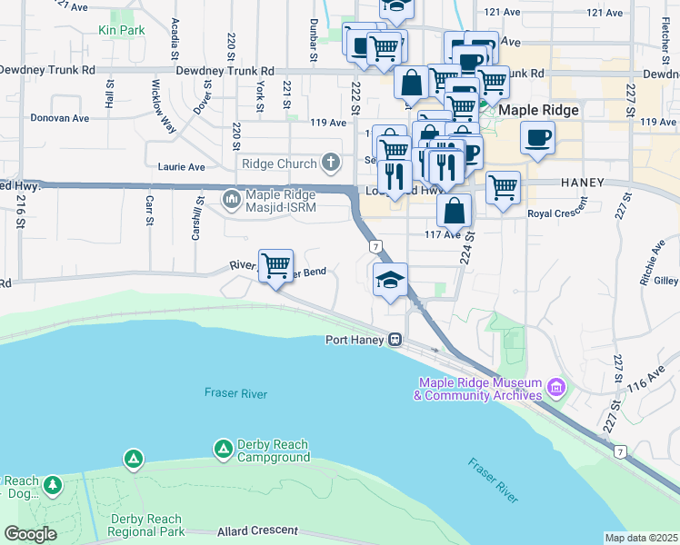 map of restaurants, bars, coffee shops, grocery stores, and more near 11737 Brookmere Court in Maple Ridge