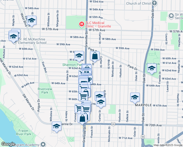 map of restaurants, bars, coffee shops, grocery stores, and more near 7871 French Street in Vancouver