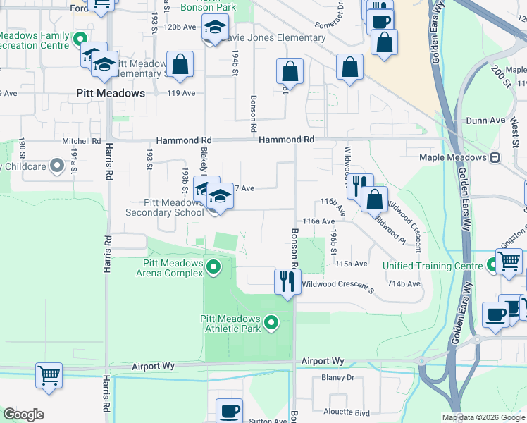map of restaurants, bars, coffee shops, grocery stores, and more near 11645 195A Street in Pitt Meadows