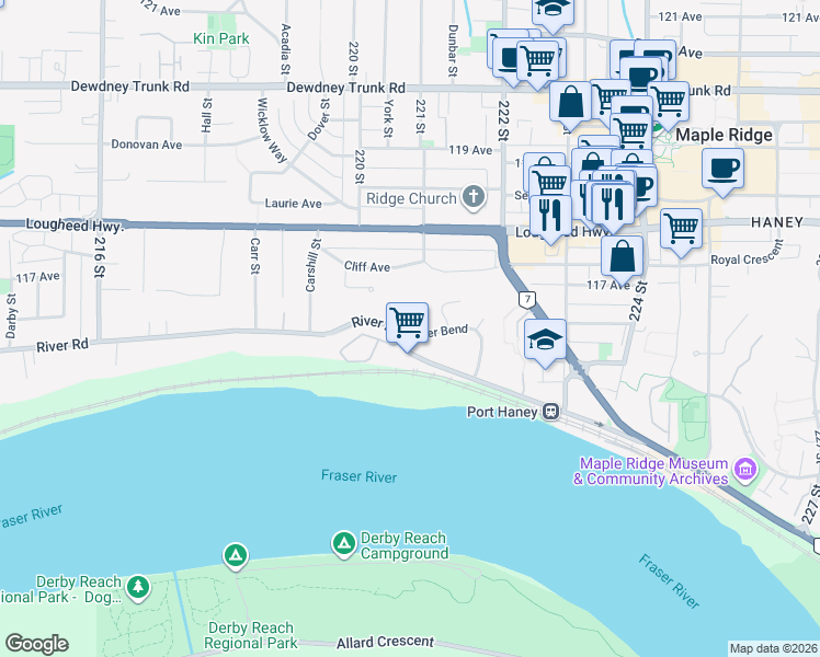 map of restaurants, bars, coffee shops, grocery stores, and more near 11727 Driftwood Drive in Maple Ridge