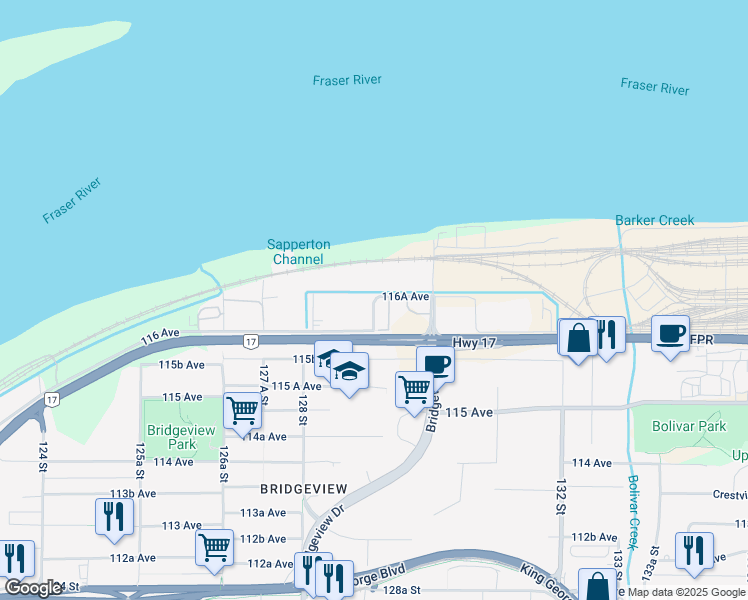 map of restaurants, bars, coffee shops, grocery stores, and more near 79 129 Street in Surrey
