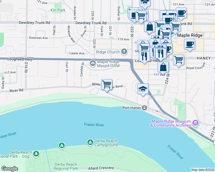 map of restaurants, bars, coffee shops, grocery stores, and more near 11705 Lighthouse Court in Maple Ridge