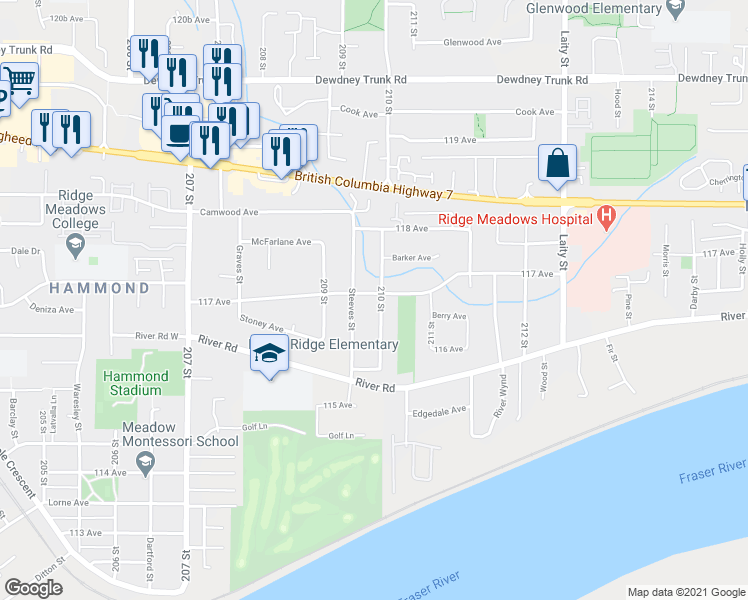 map of restaurants, bars, coffee shops, grocery stores, and more near 20986 117 Avenue in Maple Ridge