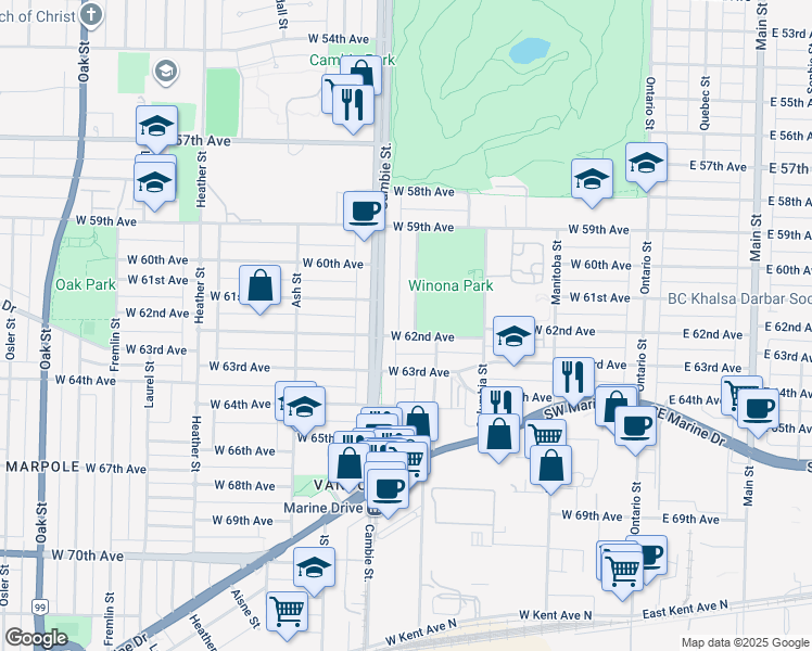 map of restaurants, bars, coffee shops, grocery stores, and more near 7789 Yukon Street in Vancouver