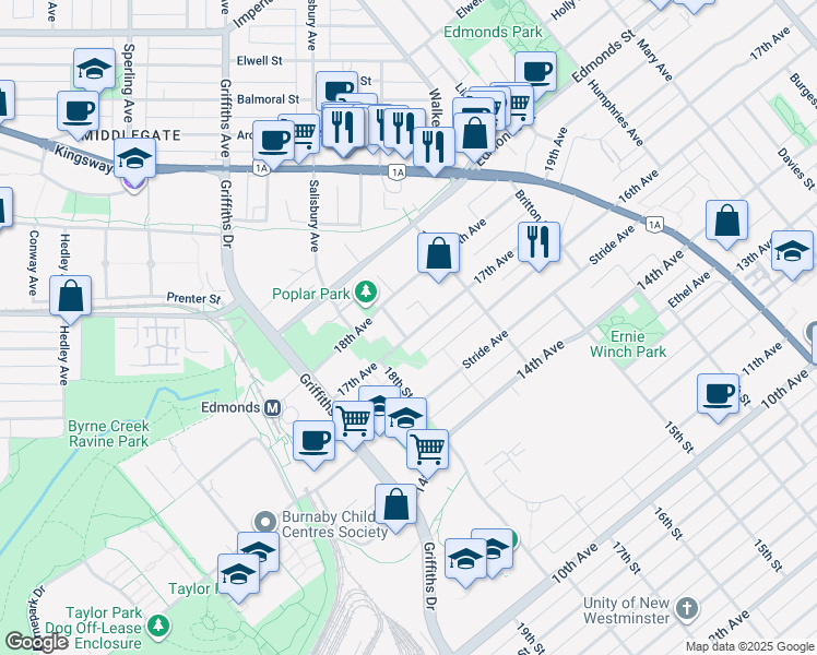 map of restaurants, bars, coffee shops, grocery stores, and more near 7131 17th Avenue in Burnaby