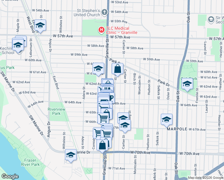 map of restaurants, bars, coffee shops, grocery stores, and more near 7887 French Street in Vancouver